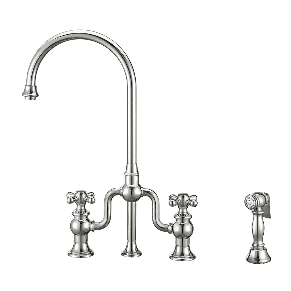 Twisthaus Plus Bridge Faucet with Gooseneck Swivel Spout, Cross Handles and Solid Brass Side Spray