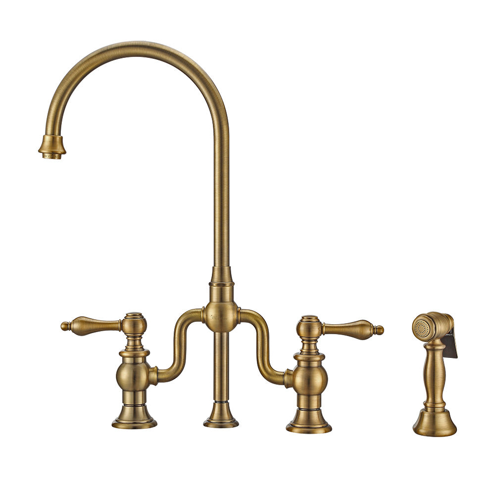 Twisthaus Plus Bridge Faucet with Gooseneck Swivel Spout, Lever Handles and Solid Brass Side Spray