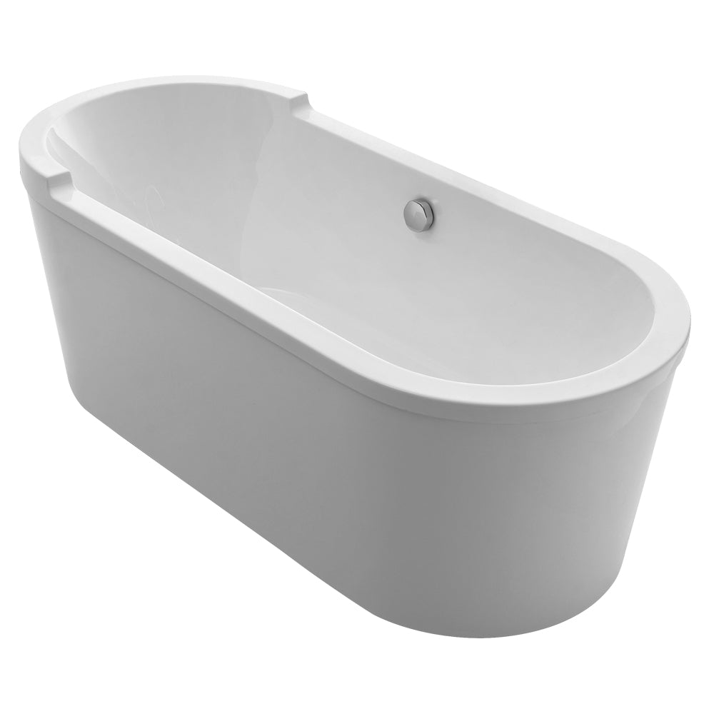 Bathhaus Oval Double Ended Single Sided Armrest Freestanding Lucite Acrylic Bathtub with a Chrome Mechanical Pop-up Waste and a Chrome Center Drain with Internal Overflow