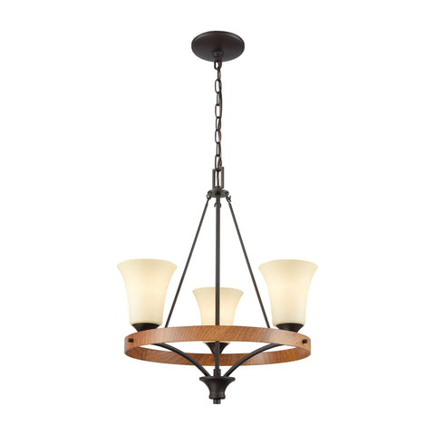 Park City 3-Light Chandelier in in Oil Rubbed Bronze, Wood Grain with Light Beige Scavo Glass Ceiling Thomas Lighting 