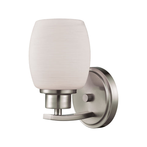 Casual Mission 1-Light Bath Vanity Fixture in Brushed Nickel with White Lined Glass Wall Thomas Lighting 