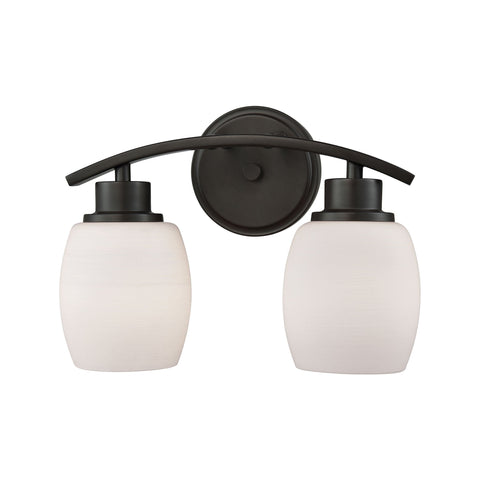 Casual Mission 2-Light Bath Vanity Fixture in Oil Rubbed Bronze with White Lined Glass Wall Thomas Lighting 