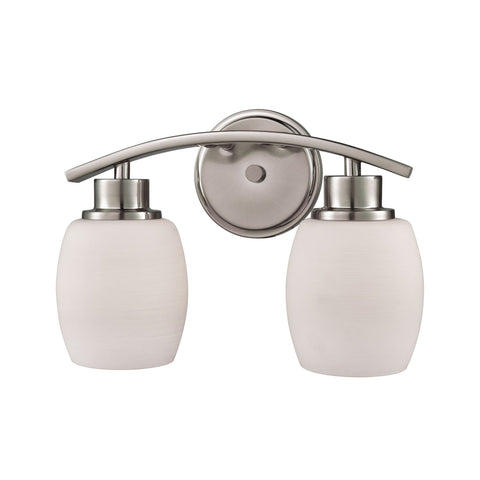 Casual Mission 2-Light Bath Vanity Fixture in Brushed Nickel with White Lined Glass Wall Thomas Lighting 