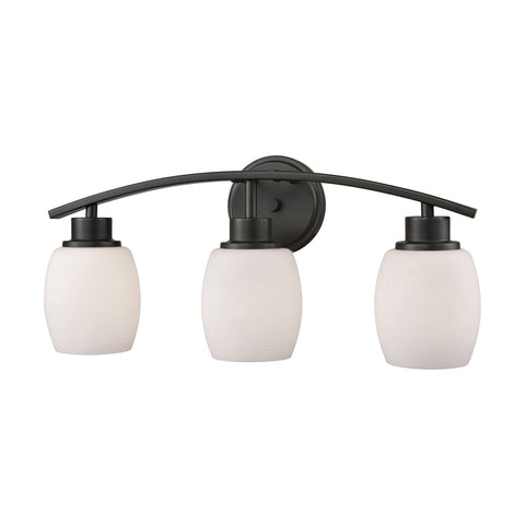 Casual Mission 3-Light Bath Vanity Fixture in Oil Rubbed Bronze with White Lined Glass Wall Thomas Lighting 