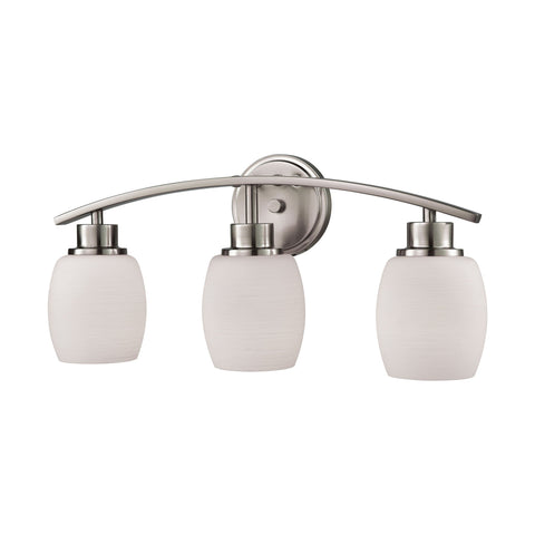 Casual Mission 3-Light Bath Vanity Fixture in Brushed Nickel with White Lined Glass Wall Thomas Lighting 