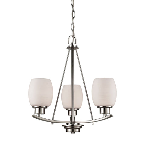 Casual Mission 3-Light Chandelier in in Brushed Nickel with White Lined Glass Ceiling Thomas Lighting 