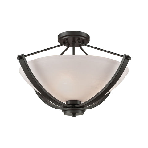 Casual Mission 3-Light Semi Flush Mount in Oil Rubbed Bronze with White Lined Glass Ceiling Thomas Lighting 