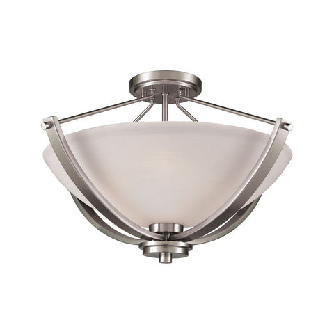 Casual Mission 3-Light Semi Flush Mount in Brushed Nickel with White Lined Glass Ceiling Thomas Lighting 
