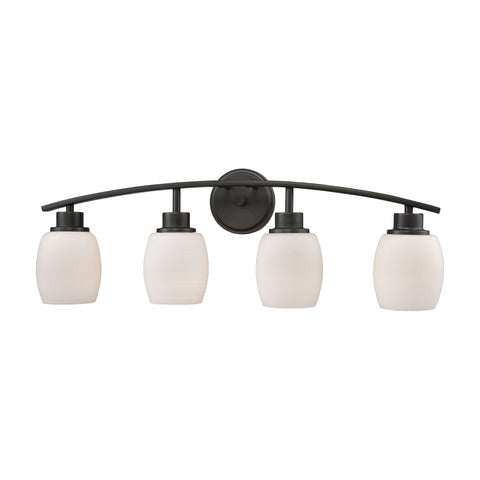 Casual Mission 4-Light Bath Vanity Fixture in Oil Rubbed Bronze with White Lined Glass Wall Thomas Lighting 