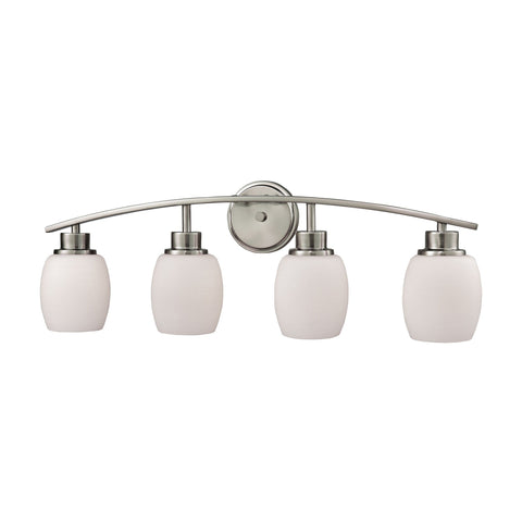 Casual Mission 4-Light Bath Vanity Fixture in Brushed Nickel with White Lined Glass Wall Thomas Lighting 