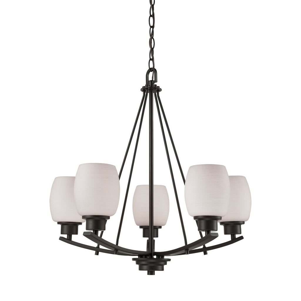 Casual Mission 5-Light Chandelier in in Oil Rubbed Bronze with White Lined Glass Ceiling Thomas Lighting 