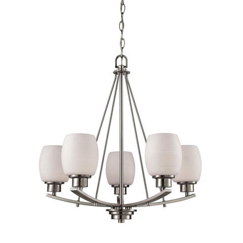 Casual Mission 5-Light Chandelier in in Brushed Nickel with White Lined Glass Ceiling Thomas Lighting 