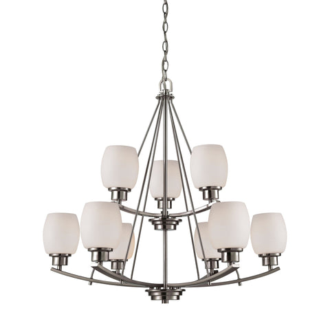 Casual Mission 9-Light Chandelier in in Brushed Nickel with White Lined Glass Ceiling Thomas Lighting 