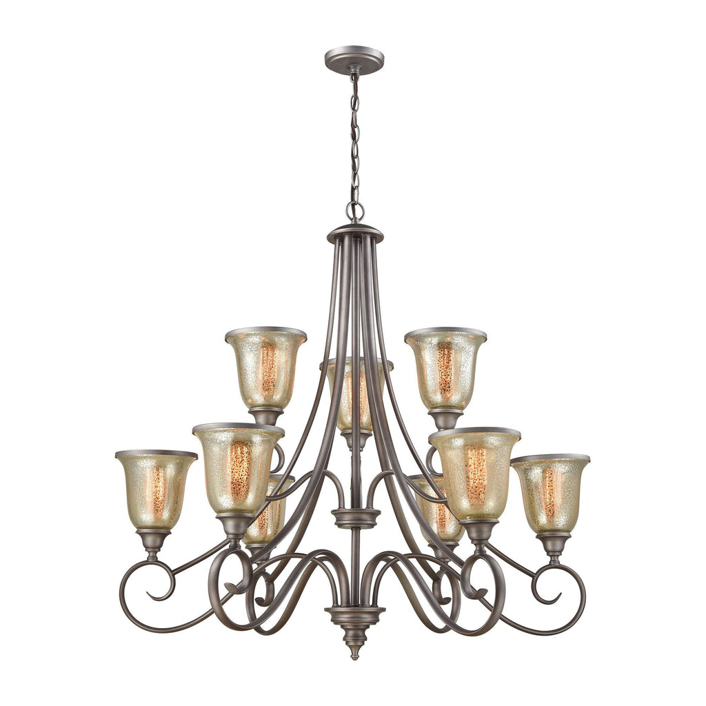 Georgetown 9-Light Chandelier in in Weathered Zinc with Mercury Glass Ceiling Thomas Lighting 