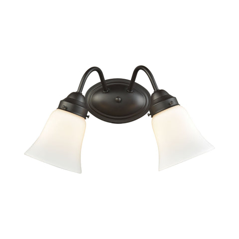Califon 2-Light Bath Vanity Fixture in Oil Rubbed Bronze with White Glass Wall Thomas Lighting 