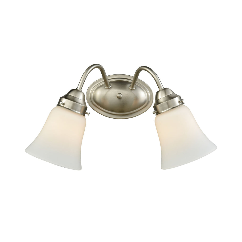 Califon 2-Light Bath Vanity Fixture in Brushed Nickel with White Glass Wall Thomas Lighting 