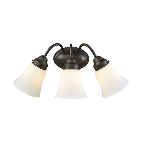 Califon 3-Light Bath Vanity Fixture in Oil Rubbed Bronze with White Glass Wall Thomas Lighting 
