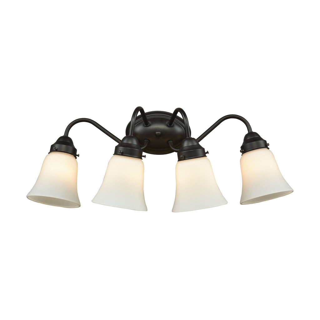 Califon 4-Light Bath Vanity Fixture in Oil Rubbed Bronze with White Glass Wall Thomas Lighting 