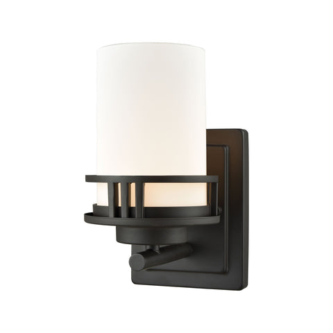 Ravendale 1-Light Bath Vanity Fixture in Oil Rubbed Bronze with Opal White Glass Wall Thomas Lighting 