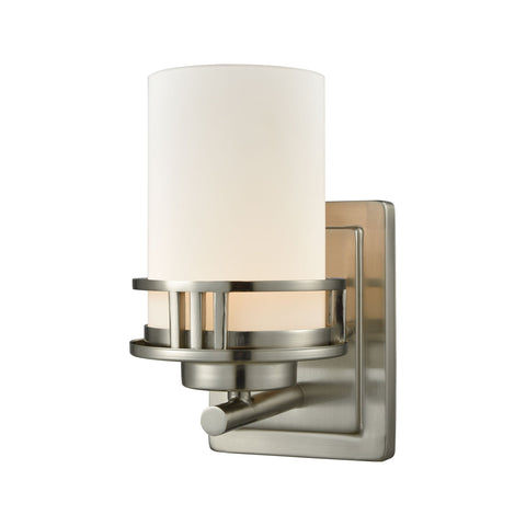 Ravendale 1-Light Bath Vanity Fixture in Brushed Nickel with Opal White Glass Wall Thomas Lighting 