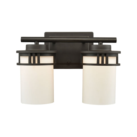 Ravendale 2-Light Bath Vanity Fixture in Oil Rubbed Bronze with Opal White Glass Wall Thomas Lighting 