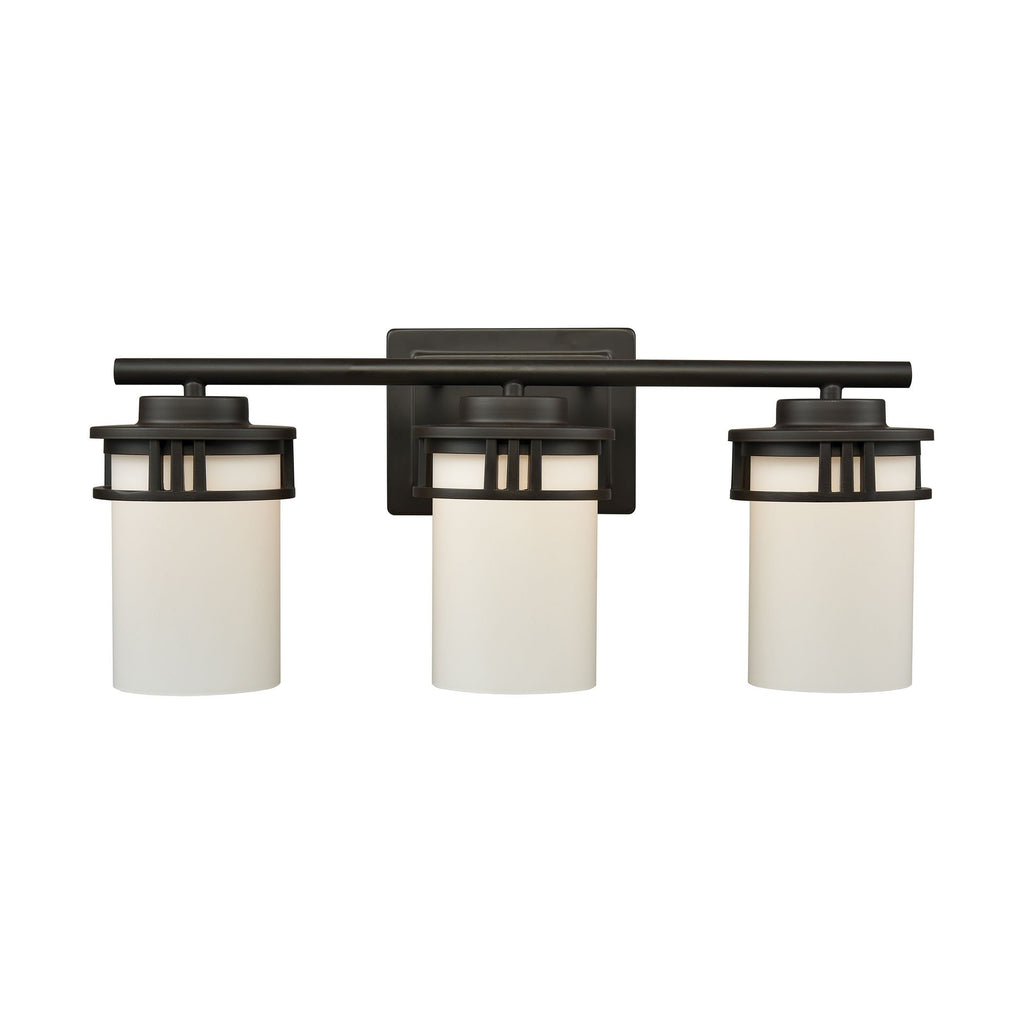 Ravendale 3-Light Bath Vanity Fixture in Oil Rubbed Bronze with Opal White Glass Wall Thomas Lighting 