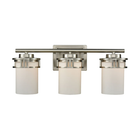 Ravendale 3-Light Bath Vanity Fixture in Brushed Nickel with Opal White Glass Wall Thomas Lighting 