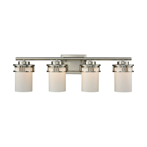 Ravendale 4-Light Bath Vanity Fixture in Brushed Nickel with Opal White Glass Wall Thomas Lighting 