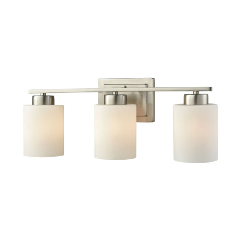 Summit Place 3-Light Bath Vanity Fixture in Brushed Nickel with Opal White Glass Wall Thomas Lighting 