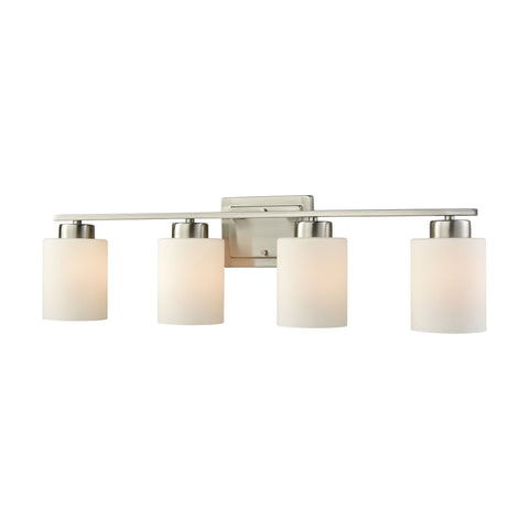 Summit Place 4-Light Bath Vanity Fixture in Brushed Nickel with Opal White Glass Wall Thomas Lighting 