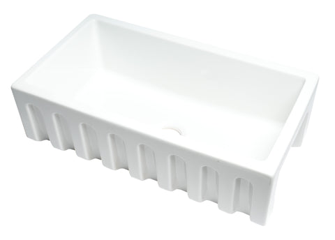 White 33" x 18" Reversible Fluted / Smooth Single Bowl Fireclay Farm Sink