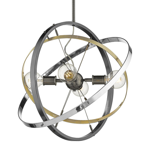 Atom Brushed Steel 4 Light Chandelier - Chrome and Aged Brass Rings