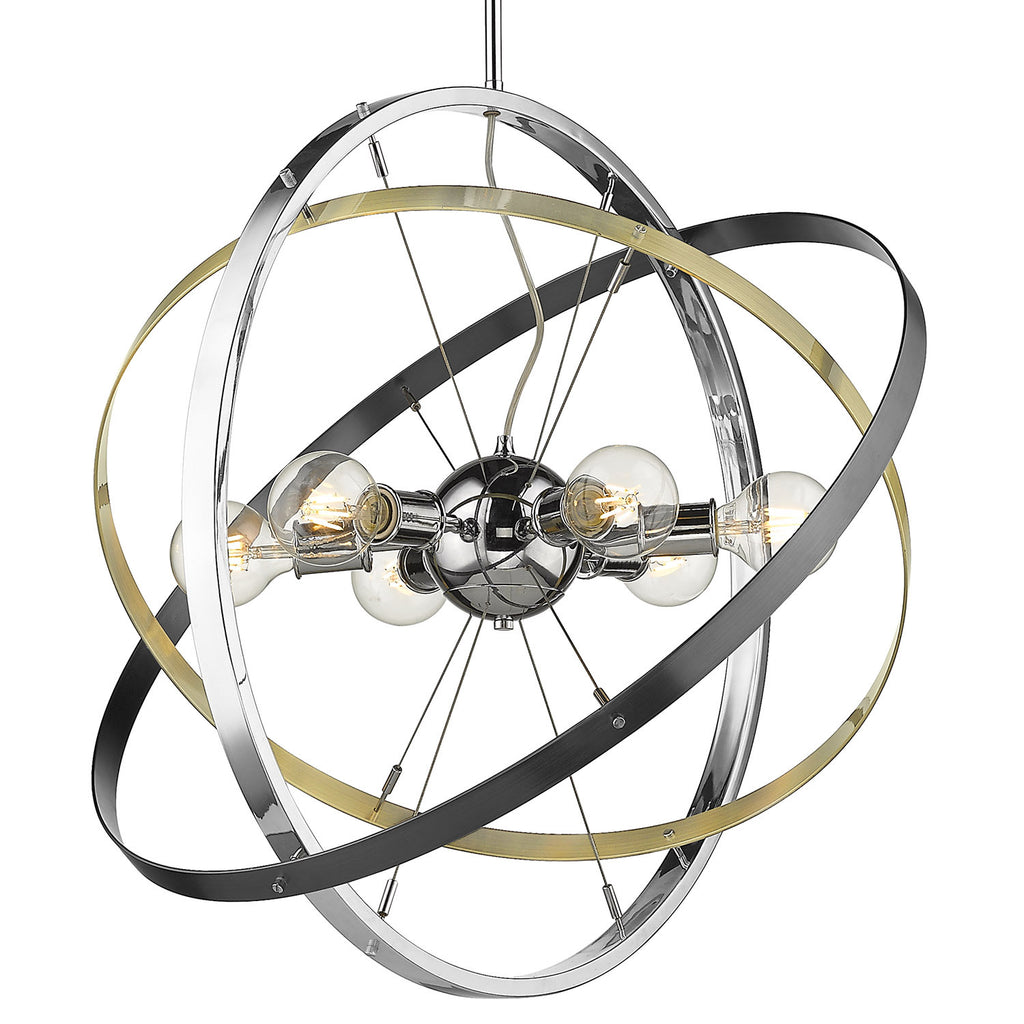 Atom Chrome 6 Light Chandelier - Brushed Steel and Aged Brass Rings