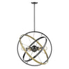 Atom Brushed Steel 6 Light Chandelier - Brushed Steel and Aged Brass Rings