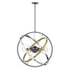 Atom Brushed Steel 6 Light Chandelier - Chrome and Aged Brass Rings