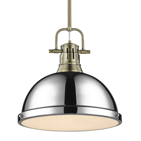 Duncan 1 Light Pendant with Rod - Aged Brass with Chrome Shade