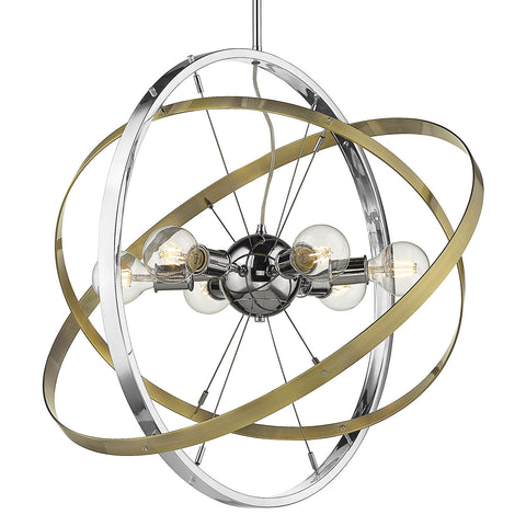 Atom Chrome 6 Light Chandelier - Aged Brass Rings