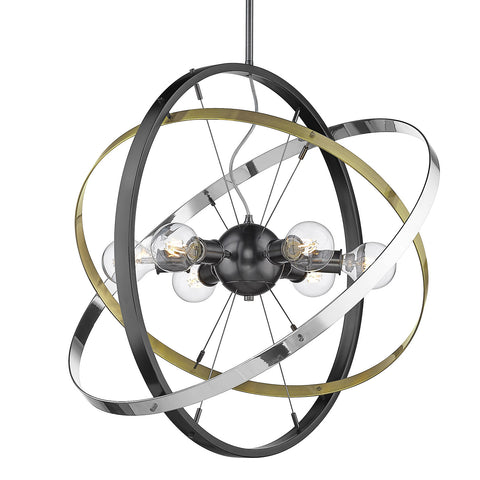 Atom Brushed Steel 6 Light Chandelier - Chrome and Aged Brass Rings