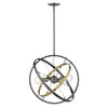 Atom Brushed Steel 4 Light Chandelier - Brushed Steel and Aged Brass Rings