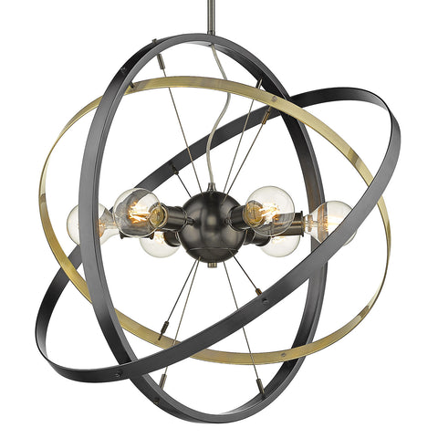 Atom Brushed Steel 6 Light Chandelier - Brushed Steel and Aged Brass Rings