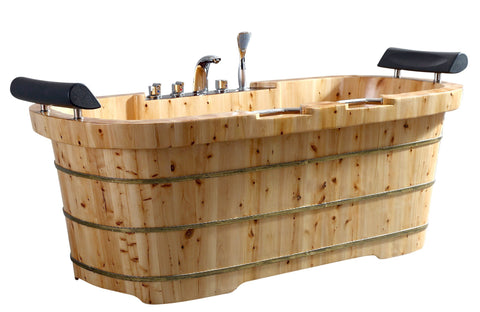 65" 2 Person Free Standing Cedar Wooden Bathtub with Fixtures & Headrests Sink Alfi 