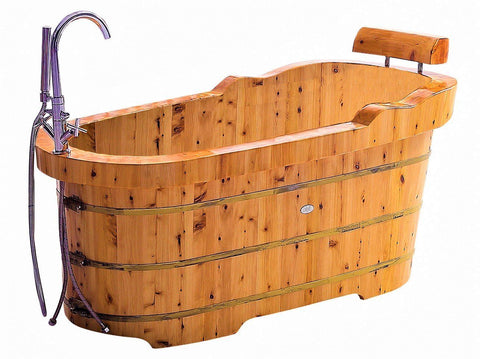 61" Free Standing Cedar Wooden Bathtub  with Fixtures & Headrest