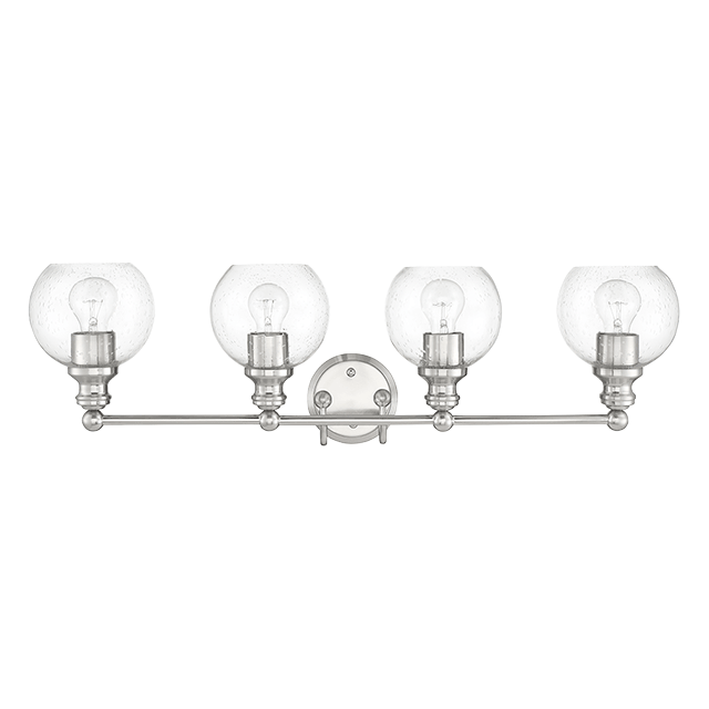 4 Lt Vanity With Clear Seeded Glass Globe Shades - Bright Satin Nickel