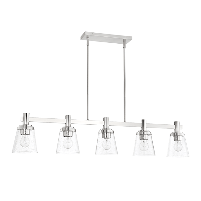 5 Lt Island Pendant With Cone Shaped Clear Seeded Glass Shades - Bright Satin Nickel