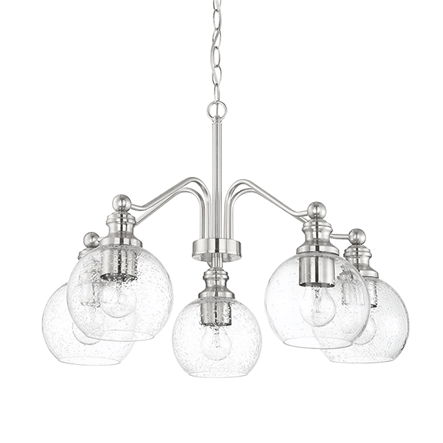 5 Lt Chandelier With Clear Seeded Glass Globe Shades - Bright Satin Nickel