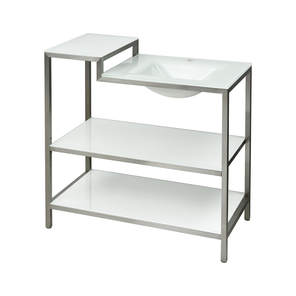 Satin Steel 36"w Vanity console with integral white glass sink and shelves Furniture Ryvyr 