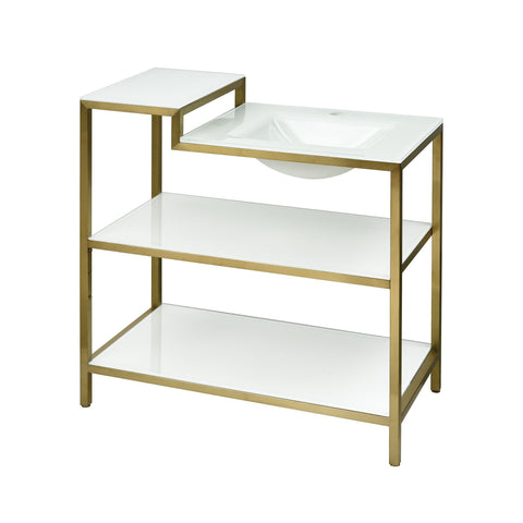 Satin Gold 36"w Vanity console with integral white glass sink and shelves Furniture Ryvyr 