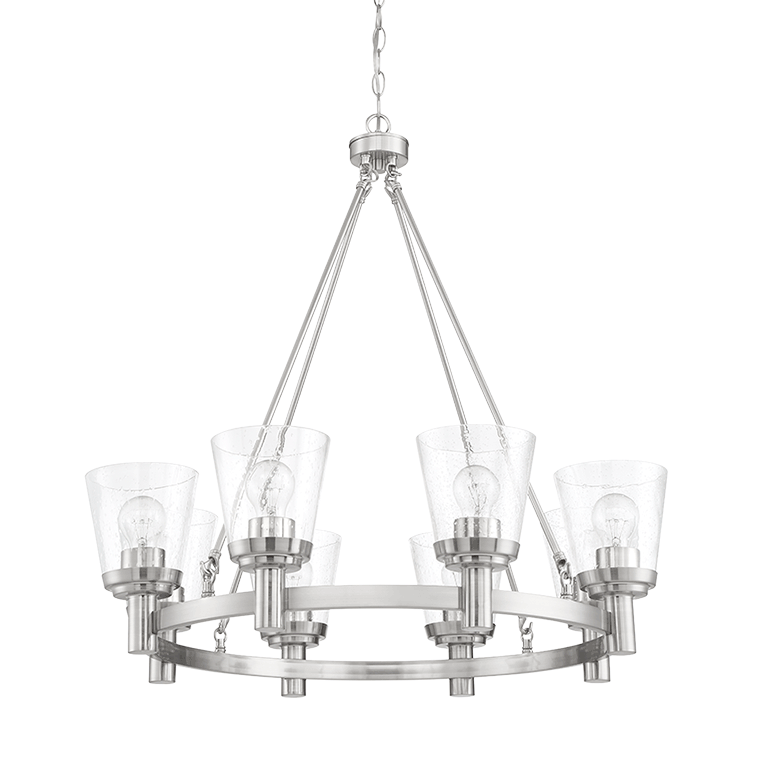 8 Lt Chandelier With Cone Shaped Clear Seeded Glass Shades - Bright Satin Nickel